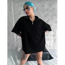 Soonaksesuar Unisex Yarım Fermuarlı Düz Oversize T-shirt - Siyah SIYAH