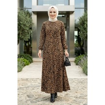 Hb Harma Time Butik Kadın Fermuarlı Leopar Desenli Viskon Tesettür Elbise Siyah