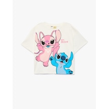 Koton Lisanslı Stitch Baskılı Kısa Kollu Bisiklet Yaka Pamuklu Tişört Ekru 6skg10494ak