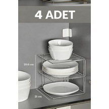 4'lü Parlak Silver 3 Katlı Metal Dolap İçi Düzenleyici Raf, Tabak, Bardak Ve Kase Organizeri Renkli