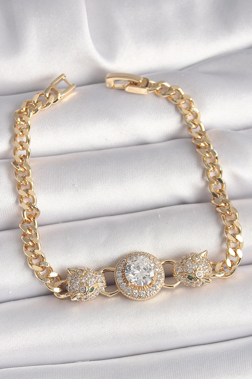 Tua Moda Pirinç Gold Renk Zirkon Taşlı Leopar Figür Zincir Model Kadın Bileklik Çok Renkli