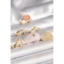 Pirinç Gold Renk Pembe Plastik Yüzük Model Daire Pembe Mine Yılan Detay 6&amp 39lı Kadın Yüzük Seti - Özel Seri Bzsurn009961 Altın