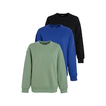 Mint Yeşili/siyah/saks Bisiklet Yaka Basic 3'lü Paket Sweatshirt Mg2595 Çok Renkli