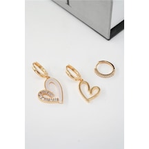 Kadın Vip Seri Zirkon Taşlı Mineli Kalp Model 3'lü Küpe Seti Çok Renkli