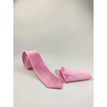 Demfashion Saten Parlak Slim Kravat Mendil Seti Pembe