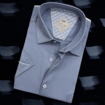 Linen Keten Klasik Kısa Kollu Mavi Gömlek Regular Kalıp -10019 Mavi