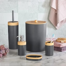 Bersachef Limpia Bambu Desenli 5'li Banyo Seti Çöp Kovası Sıvı Sabunluk Diş Fırçalık Kutusu Banyo Seti Gri