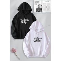 Macklin Sevgili Çift Kombini King Quenn Tasarım Baskılı Kapüşonlu Sweatshirt 2'li Set Siyah Beyaz Mck1473 Çok Renkli