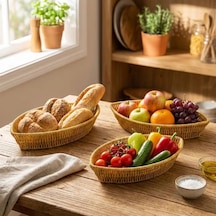 3 Lü Kayık Formlu Plastik Rattan Sepet Seti Hasır Görünümlü Ekmek, Meyve Ve Sunum Sepetleri, Çok Amaçlı Masaüstü Organizer 4915 Çok renkli
