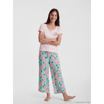 Lcw Dream Turkuaz Bisiklet Yaka Çiçekli Kadın Kaprili Pijama Takımı
