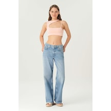 Weslie Açık Mavi Normal Bel Patı Düğmeli Wideleg Jean Pantolon C 4530-207 Açık Mavi