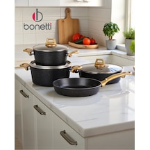 Bonetti 7 Parça Granit Tencere Seti Yapışmaz, Çizilmez, Kolay Temizlik Cam Kapaklı Tencere Takımı Siyah