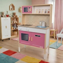 Su Akan Musluklu Ve Led Işıklı Ahşap Çocuk Oyuncak Mutfak Seti - Pembe Büyük Boy Montessori Eği