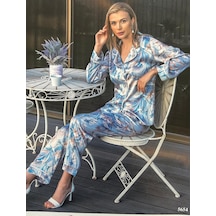 Nurteks Mavi Çiçekli Saten L Beden Pijama Takımı 5654 Mavi - Beyaz