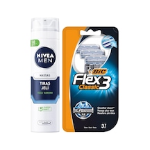 Men Hassas Tıraş Jeli 200 Ml + Bıc Flex 3 Erkek Tıraş Bıçağı 3'lü Blister 3 Bıçak