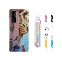 Vivo Y70 Kılıf Kablo Koruyuculu Cat And Girl 1808 Siyah
