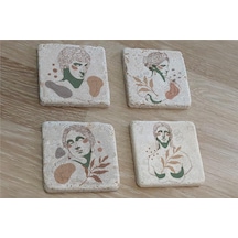 Line Art Heykel Portre Doğal Taş Bardak Altlığı 4'lü Set - Natural Stone Coasters - Taş Beyaz