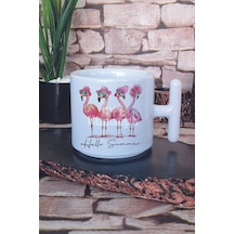 Hello Summer Pembe Flamingolar Baskılı T Kulplu Latte Fincanı Kupa Bardak Beyaz
