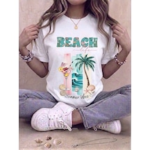 Beach Baskılı Oversize Kompak T-shirt Beyaz