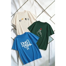 Uyguntarz Unisex Bej Mavi Yeşil 3'lü Tasarım Tshirt Seti Çok Renkli