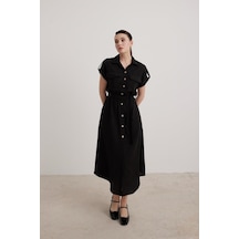 Violevin Kadın Düğmeli Düşük Kol Keten Elbise Vl7261-56-siyah