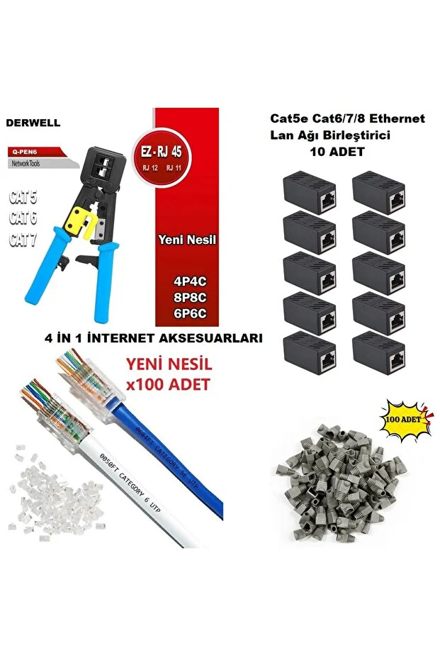Yeni Nesil Pense + Ez Rj45 Delikli 100 Lü + Ethernet İnternet Cat5e 6/7/8 Ethernet Birleştirici 10 Adet + 100 Adet Cover Kılıf