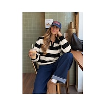 Nilza New York Kadın Siyan Çizgili Oversize Polo Yaka Triko Kazak Siyah