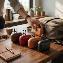 Caseonn Apple Airpods 1 / 2. Nesil Kılıf Kancalı Lüks Deri Görünümlü Açık Kahverengi