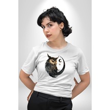 Ay Yıldız Bakır Renk Baykuş Unisex Unisex Beyaz Organik Baskılı T-shirt Penye Yüksek Kalite Beyaz