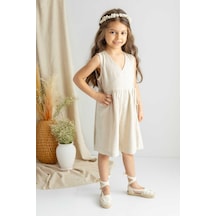 Oliven The Kid Oliventhekid Bej Naturel Keten Pileli Kolsuz Anvelop Yanlardan Bağcıklı Kız Çocuk Tulum Bej Bej