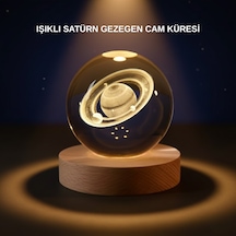 Satürn Desenli Kristal Küre Led Gece Lambası Ahşap Standlı -