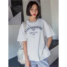 Flood Of Style Kadın Beyaz The Sunshine Baskılı Bisiklet Yaka Oversize T-shirt