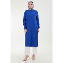 Ribanalı Fermuarlı Krep Kumaşlı Tunik Saks - 24yt436-184-saks