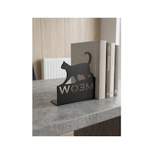 Kedi Figürlü Ve Meow Yazılı Metal Kitap Tutacağı - Siyah Dekoratif Kitap Desteği