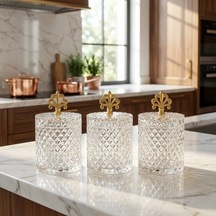 3'lü İnci Desen Gold Metal Kulplu Büyük Boy Cam Kavanoz Takımı 3 X 1500 Ml. Şeffaf - Altın