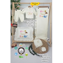 Gros Shop Müslin Yeni Doğan 4katlı Organik %100pamuk Kişiye Özgü Nakışlı Hastane Çıkış Seti Okyanus Model-2 Ekru