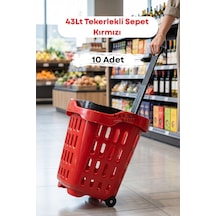 10 Adet - 43 Lt Tekerlekli Market Sepeti Plastik Alışveriş Sepeti Ergonomik Çift Saplı Kırmızı
