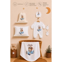 Pia Baby Erkek Bebek Hastane Çıkışı 6 Parça %100 Pamuk İsme Özel Kese Hediyeli Tulum Şapka Eldiven Seti 1013tybkyx Krem