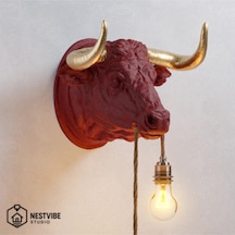 Altın Boynuzlu Şık Boğa Tasarımlı Duvar Lambası Nestvibe Özel Seri Kırmızı