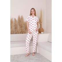 Mutlu City Milan Kumaş Kalp Desenli Düğmeli Kadın Pijama Takımı 3103-beyaz Beyaz