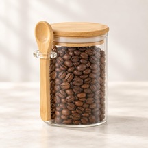 Bambu Kaşıklı Cam Kavanoz 400 Ml, Bambu Kapaklı Borosilikat Baharatlık, Hava Almaz Kahve, Şeker Ve Çay Saklama Kabı Diğer