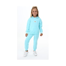 Toontoy Kids Toontoy Kız Çocuk 2'li Takım Baskılı Kapüşonlu Sweatshirt & Beli Paçası Lastikli Jogger Eşofman Altı - Garni Detaylı & 2 İplik Su Yeşili