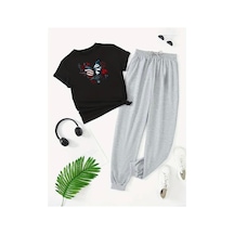 Medinenur Gül Ve Kelebek Baskılı T-shirt Eşofman Altı Jogger Rahat Kalıp Siyah Eşofman Takım Siyah