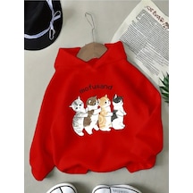 Kışlık Kapüşonlu Sweatshirt, Çocuk Ayakta Kediler Baskılı Kırmızı