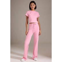 Benerly Kadın Büyük Beden Crop Top Ispanyol Paça Takım Bisiklet Yaka Kısa Pembe