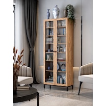 Fibona Mobilya Nova Temperli Camlı Çok Amaçlı Vitrin Kitaplık 80 35 190 Cm Membran Kapak Atlantik Çam