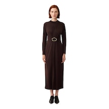 Ersefa Kadın Uzun Kollu Bodycon Kesim Örme Sandy Maxi Elbise Dik Yaka De Koyu Kahverengi