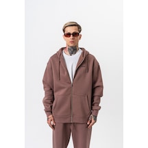 Erkek Respire Yazı Detaylı Kapüşonlu Basic Zip Oversize Hoodie Kakao Kahverengi