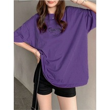 Thousand Süprem Mor T-shirt - Siyah Baskılı Oversize Bisiklet Yaka Kısa Kol Tişört Mor