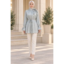 Sevitli Kolu Volanlı Janjan Abiye Bluz-mint Yeşili-5766